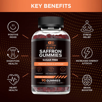 Effective Nutra Saffron Gummies for Adults 88.5mg - Mood Support & Stress Relief with GABA, Passion Flower - 5-in-1 Formula - Sugar-Free, Vegan, Non-GMO, Made in USA - 90 Count (45-Day Supply)