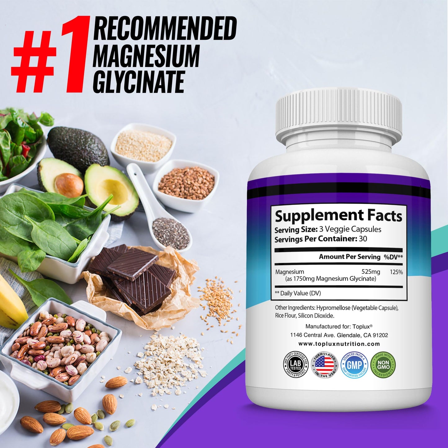 Magnesium Glycinate 525mg - High Absorption Chelated Magnesium Supplement Made with Pure Magnesium Glycinate - Supports Muscles, Sleep, Cramps, Recovery Bisglycinate
