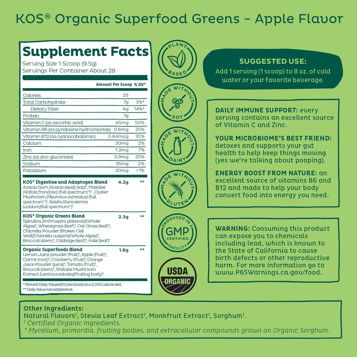 KOS Organic Super Greens Powder Erythritol Free - Plant Based Superfood Blend with Spirulina, Chlorella & Wheatgrass - USDA Certified Organic, Green Juice Smoothie - Apple Flavor - 28 Servings KOS buy supplements Au