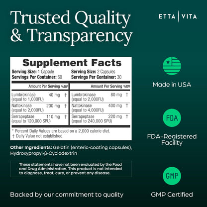 Potent Nattokinase 4000 FU Serrapeptase 240000 SPU Lumbrokinase 2000 FU Supplement - Proteolytic Enzymes Capsules for Energy Support, Digestion, Detox, Cognition & Gut Health for Men & Women Etta Vita buy supplements Au