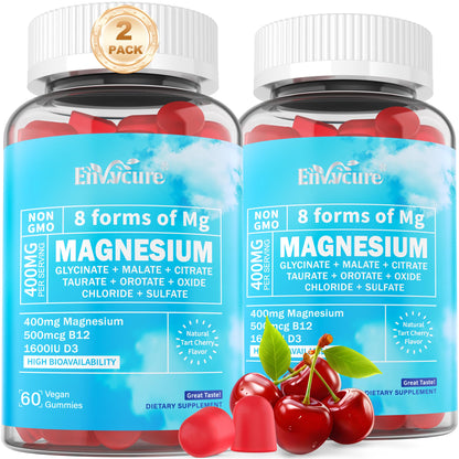 Two bottles of EnvyCure magnesium gummies with cherry flavor on a white background