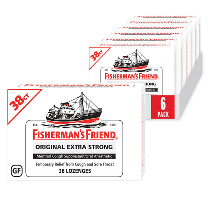 Fisherman's Friend Original Extra Strong Cough Lozenges (38 Drops x 6-Pack), 10mg Natural Menthol, Cooling Relief from Sore Throat, Persistent Cough & Everyday Irritation, Vegan & Gluten-Free