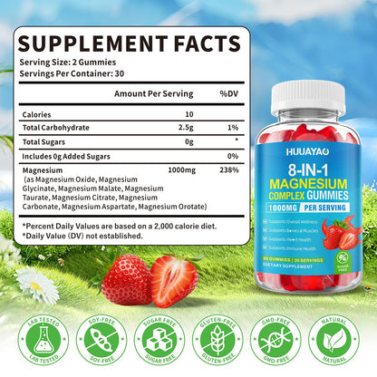 Magnesium Complex Gummies for Women Men 8 in 1, Magnesium Glycinate, Citrate, Malate, Taurate, Supports Bones, Muscle, Nerve Health, Sugar-Free, Vegan Non-GMO, Strawberry Flavor, 120 Count HUUAYAO buy supplements Au