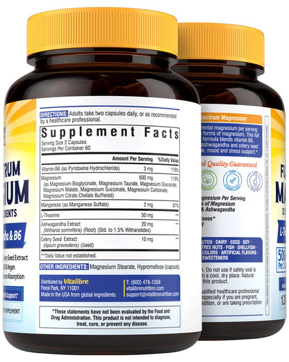 Vitalibre Magnesium Complex Supplement 500mg + Ashwagandha, L-Theanine, Vitamin B6 & Celery, High Absorption Magnesium Glycinate, Citrate, Malate, Sleep & Bone Support, 120 Vegan Capsules Vitalibre buy supplements Au