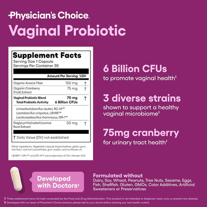 Physician's CHOICE Vaginal Probiotics for Women, pH Balance & Odor, 30ct | Supports Odor Control, Vaginal Flora, Yeast Balance & Feminine Health, 6B CFU, Organic Prebiotics, Cranberry Extract