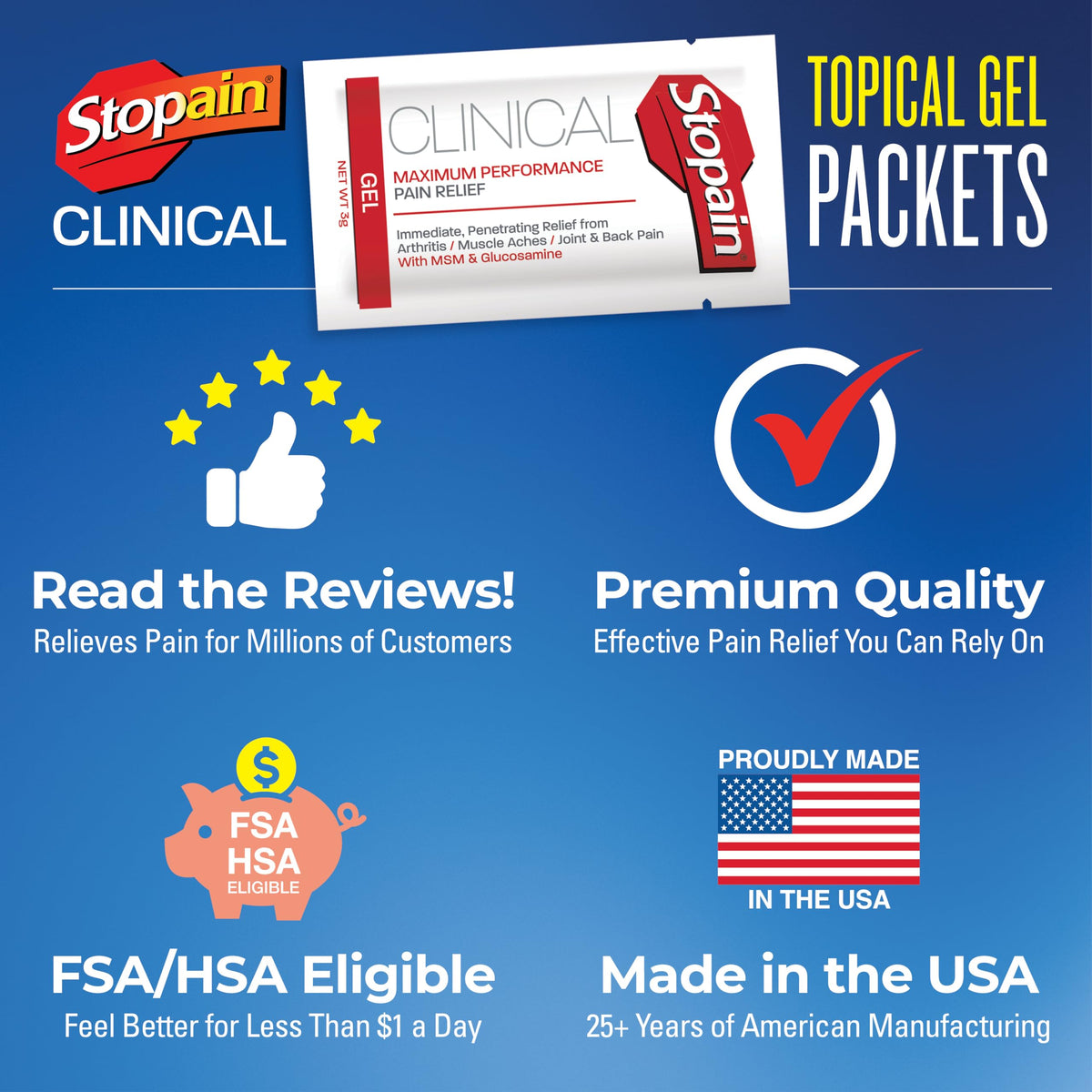 Stopain Pain Relief Clinical Gel Packets, 50 Pack, Made in USA, Maximum Performance Pain Relief with 10% Menthol Plus Glucosamine for Muscle Aches, Joint Pain, and Arthritis StopainBuy Supplements Australia
