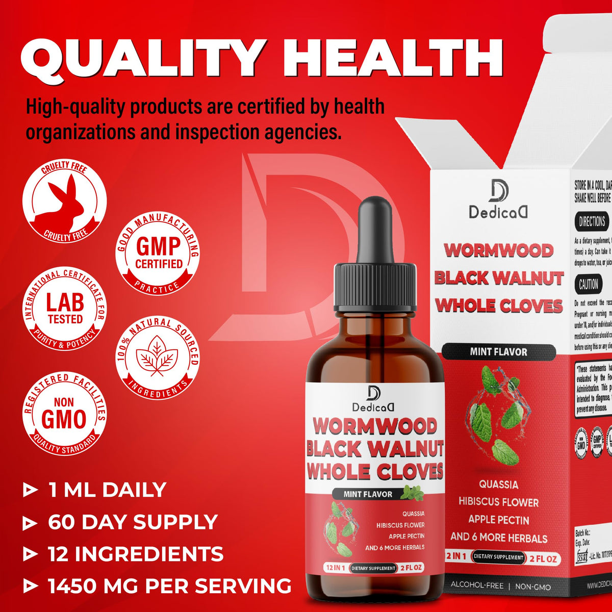 DEDICAD 12in1 Wormwood Liquid Drops Added Black Walnut, Whole Cloves and 9 More Herbs - 2 Fl Oz - 60 Days Supply - Mint Flavor DEDICAD buy supplements Au