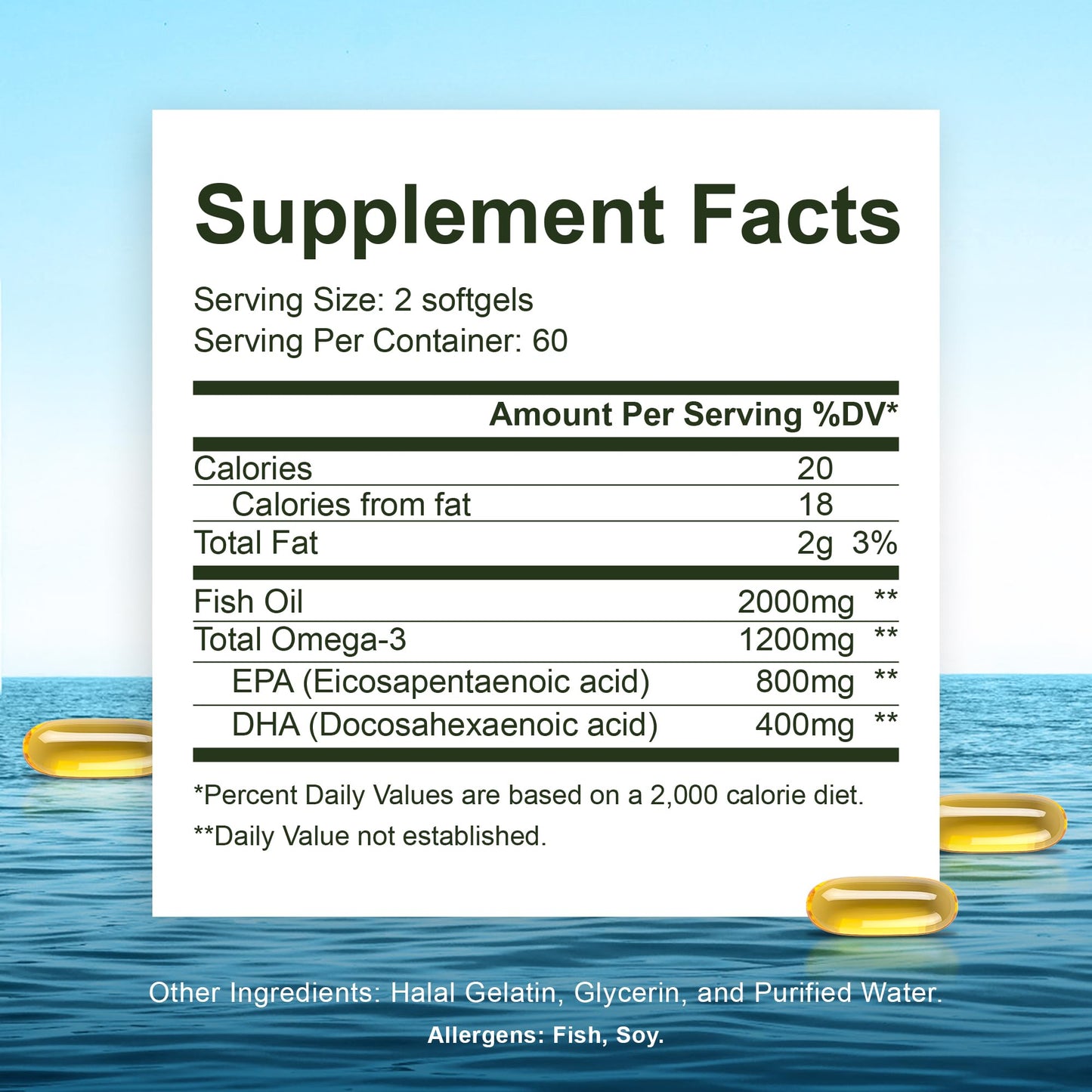 Noor Vitamins Halal Fish Oil, Halal Vitamins, Ultra Omega 3 Wild Peruvian Fish (800 mg EPA & 400 mg DHA) Heart, Brain & Joint Support, Non-GMO and Gluten Free (120 Count) Noor Vitamins buy supplements Au
