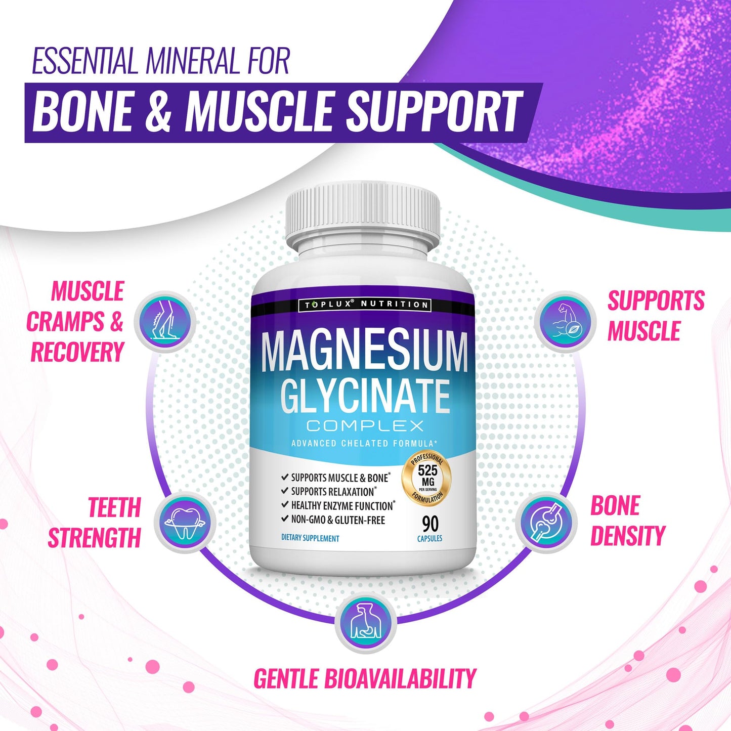 Magnesium Glycinate 525mg - High Absorption Chelated Magnesium Supplement Made with Pure Magnesium Glycinate - Supports Muscles, Sleep, Cramps, Recovery Bisglycinate