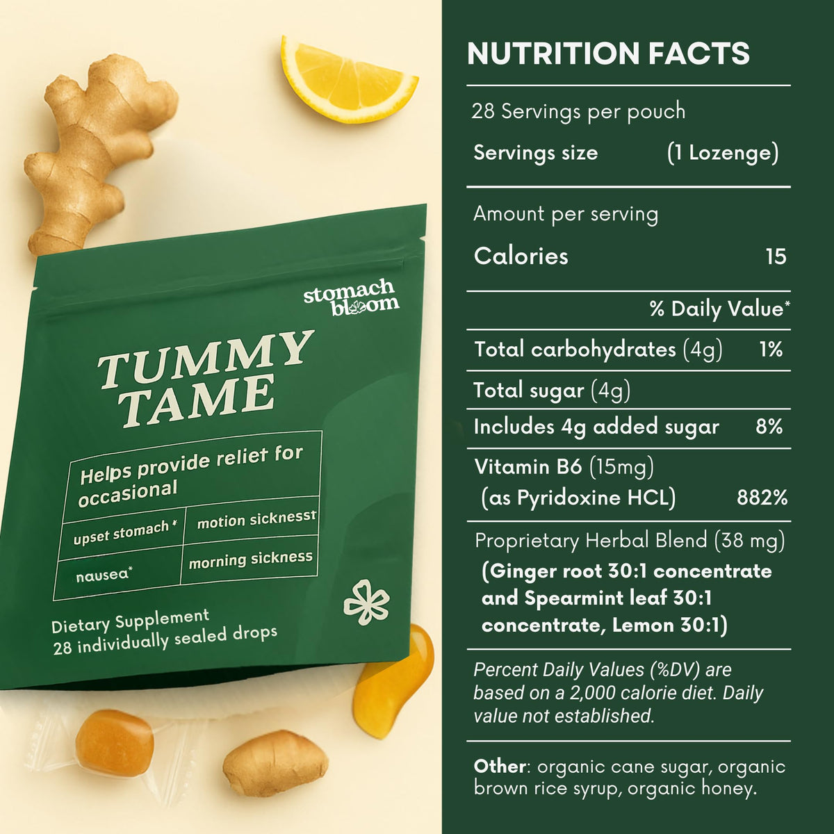 Stomach Bloom Fast-Acting Ginger for Nausea Relief | Herbal Relief for Pregnancy Nausea and Morning & Motion Sickness | Ginger, Lemon, Spearmint & B6. 28 Individually Sealed Drops.