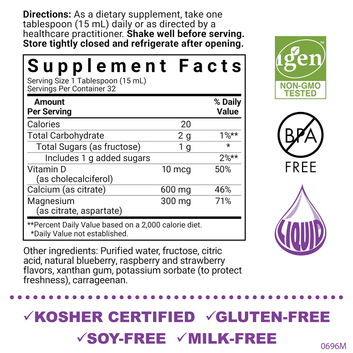Bluebonnet Nutrition Liquid Calcium Citrate, Magnesium, Vitamin D3, Bone Health, Gluten Free, Soy Free, Milk Free, Kosher, 16 fl oz, 32 Servings, Mixed Berry Flavor