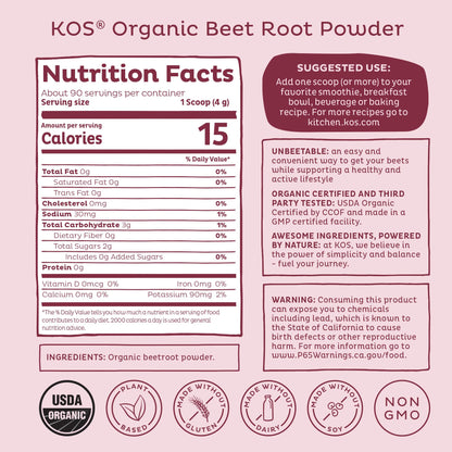KOS Organic Beet Root Powder, USDA Organic - Natural Nitric Oxide Booster, Superfood Plant Based Beetroot Antioxidant, Supports Active Lifestyle & Healthy Circulation,