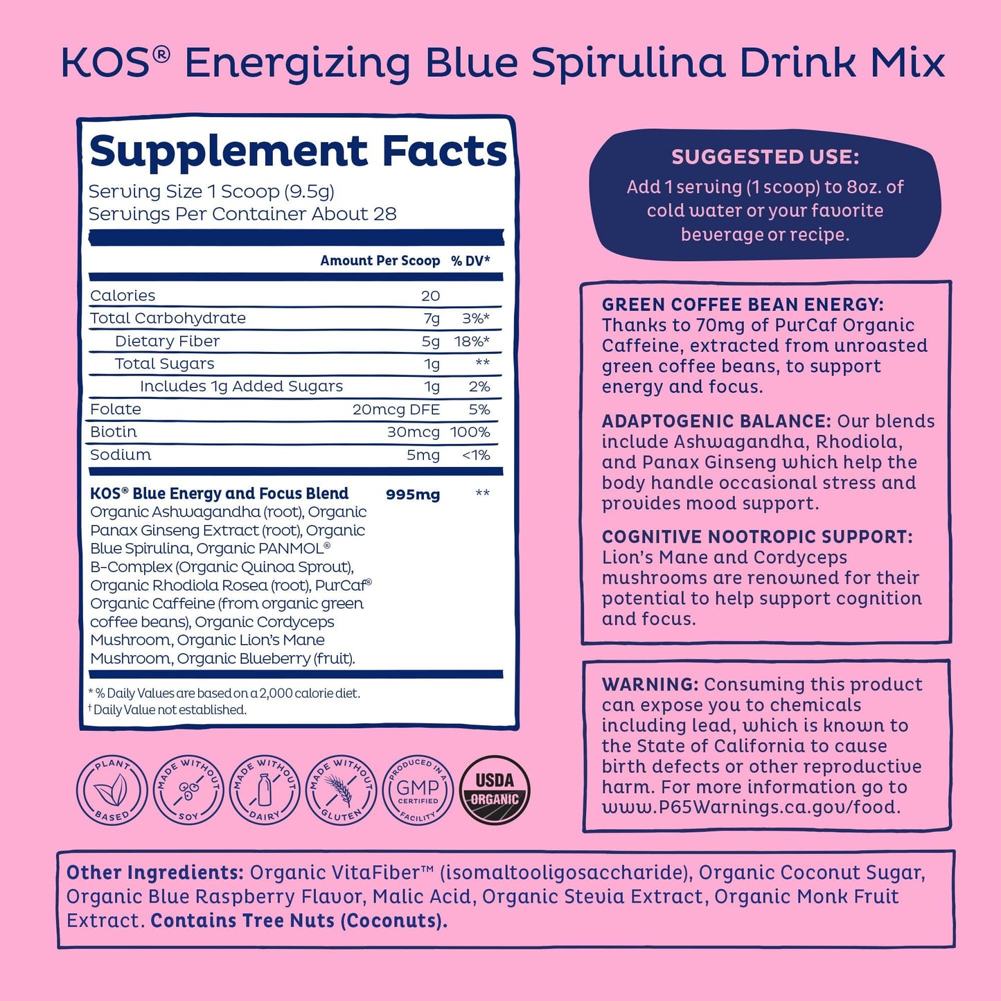 KOS Energizing Blue Spirulina Blend - USDA Certified Organic - B Vitamins, Ashwagandha, Ginseng, Adaptogens, Biotin - Vegan Pre Workout Powder - Caffeinated, Berry Flavored, 28 Servings KOS buy supplements Au