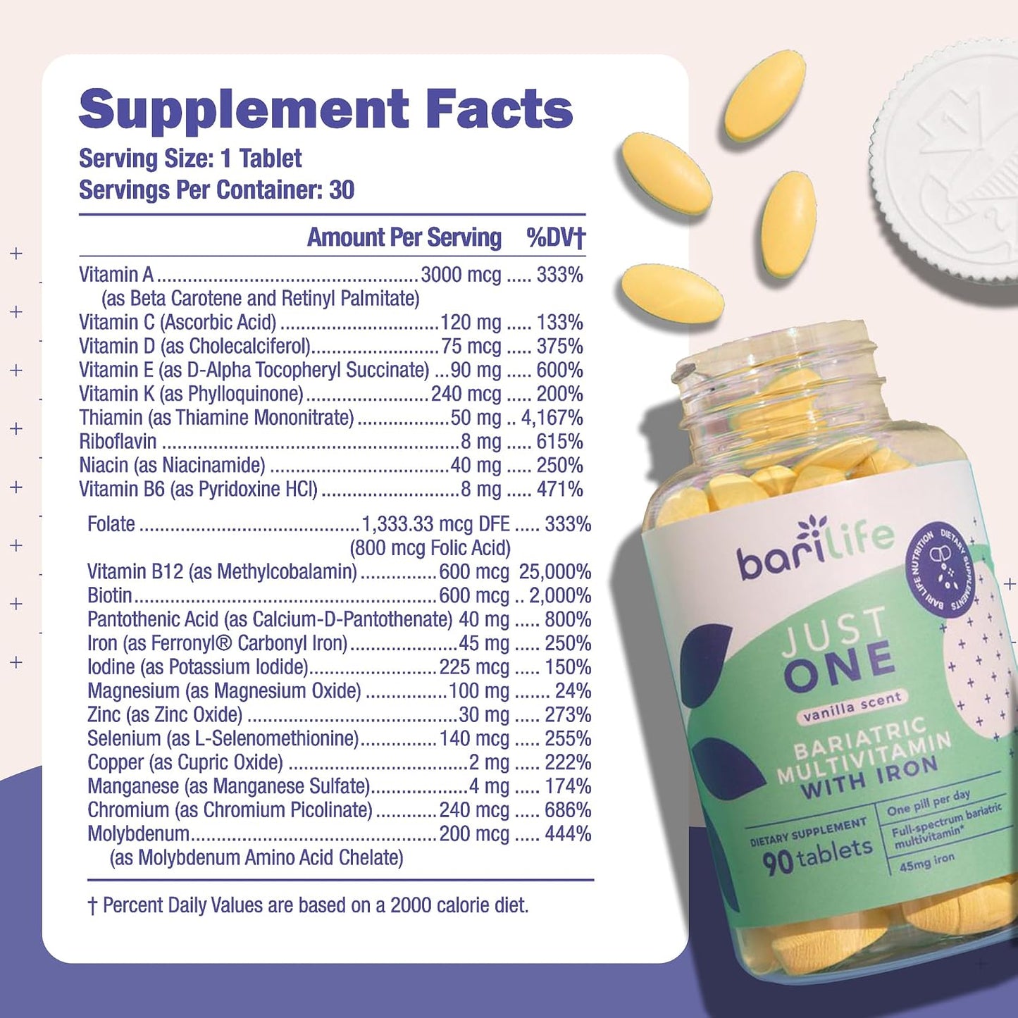 Bari Life Just One, Once Daily Bariatric Multivitamin with Iron (90 Tablets) and BariBurst Calcium Citrate Soft Chews for Gastric Bypass, Gastric Sleeve and Duodenal Switch (Butter Toffee)
