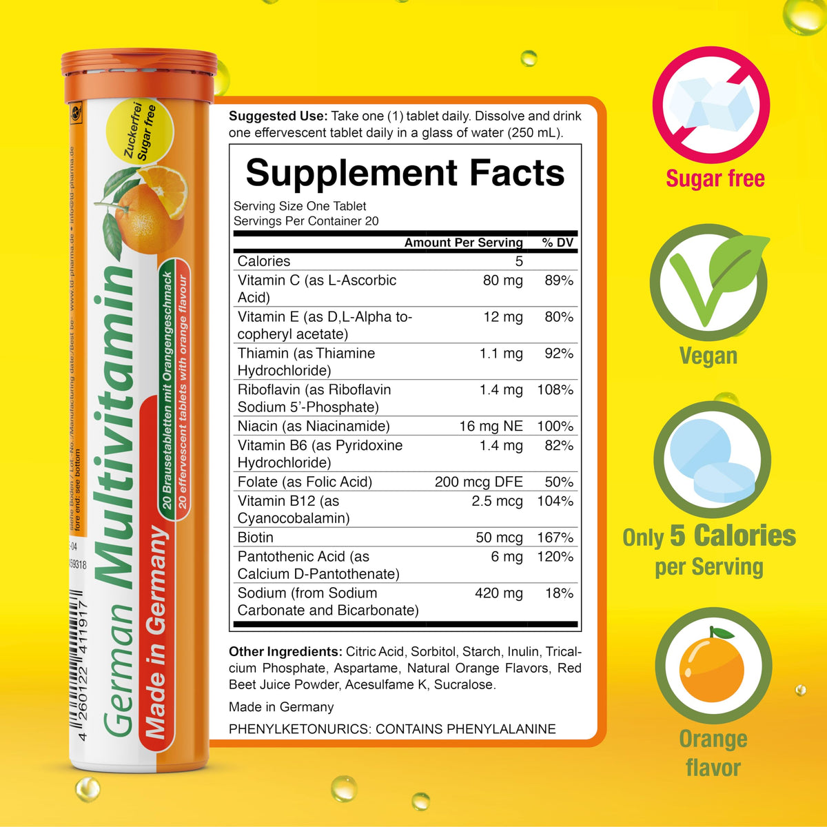 T&D German Multvitamin 10 Vitamins - 40 Vegan Drink Effervescent Tablets - Orange Flavor - Made in Germany T&D buy supplements Au