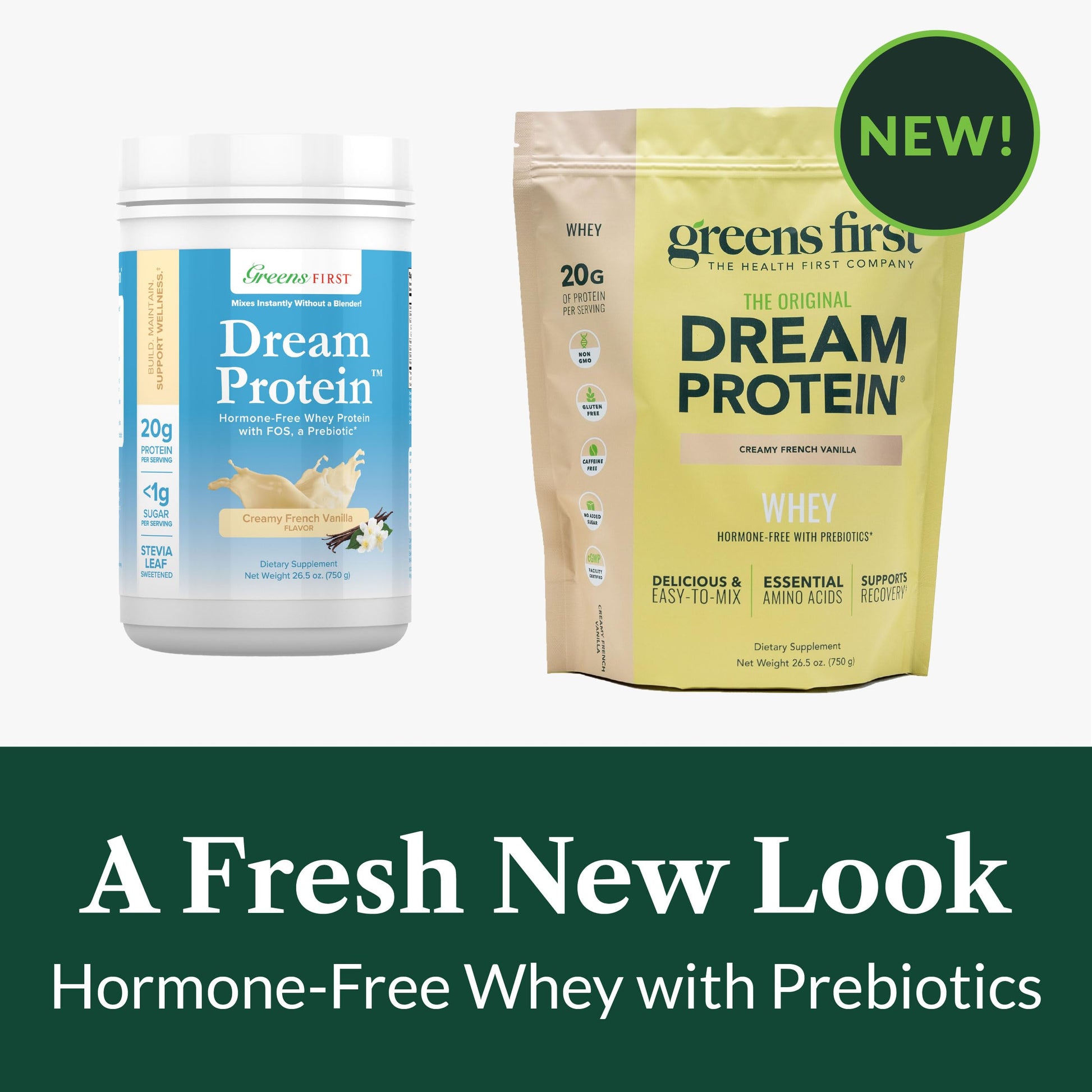 Greens First Dream Protein Powder Whey - 20g Protein Per Serving - Hormone-Free with Prebiotics - Non-GMO - No Artificial Sweeteners/MSG/Aspartame (Creamy French Vanilla, 26.5 oz) Greens First buy supplements Au