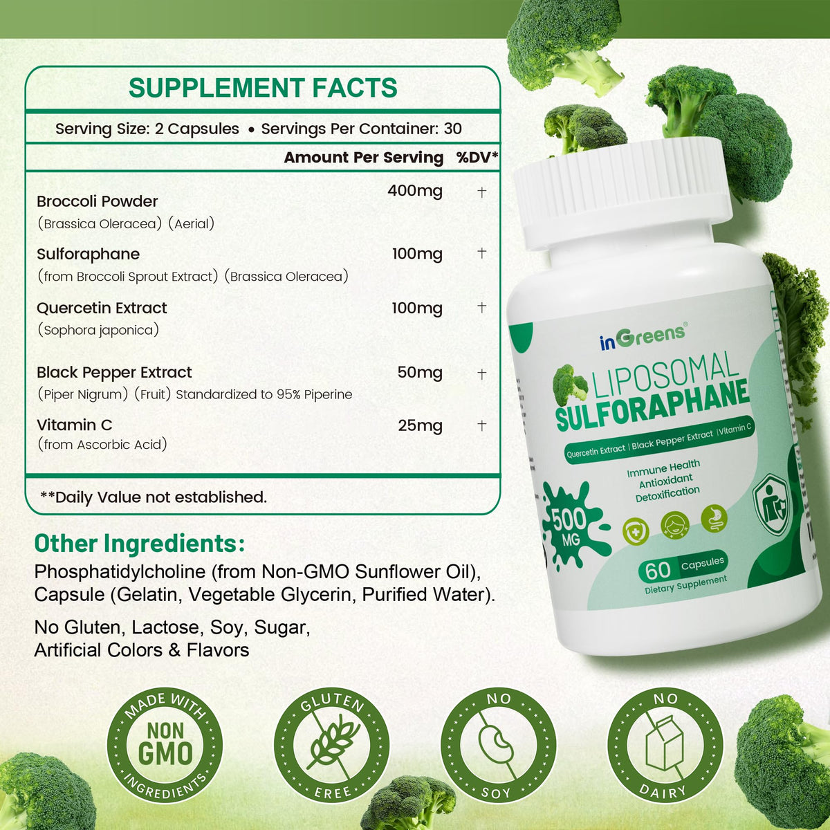 Liposomal Sulforaphane 500mg Supplement from Broccoli Extract with Quercetin, Black Pepper & Vitamin C – Antioxidant, Detox & Cellular Support, Cellular Health Formula for Men & Women, 60 Capsules inGreensBuy Supplements Australia