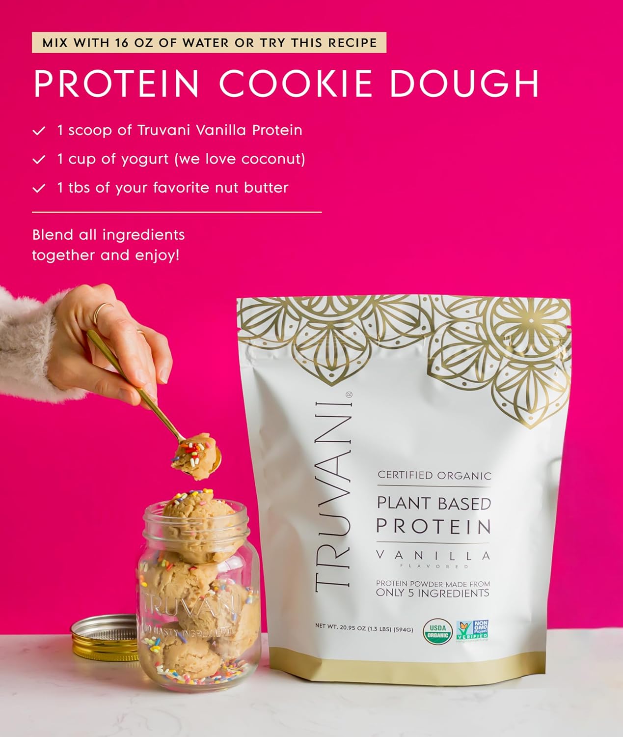 Truvani Organic Plant Based Protein Powder | Vanilla | 1 Serving | Vegan | 20g Pea Protein | Keto | Gluten & Dairy Free | Low Carb | No Added Sugar
