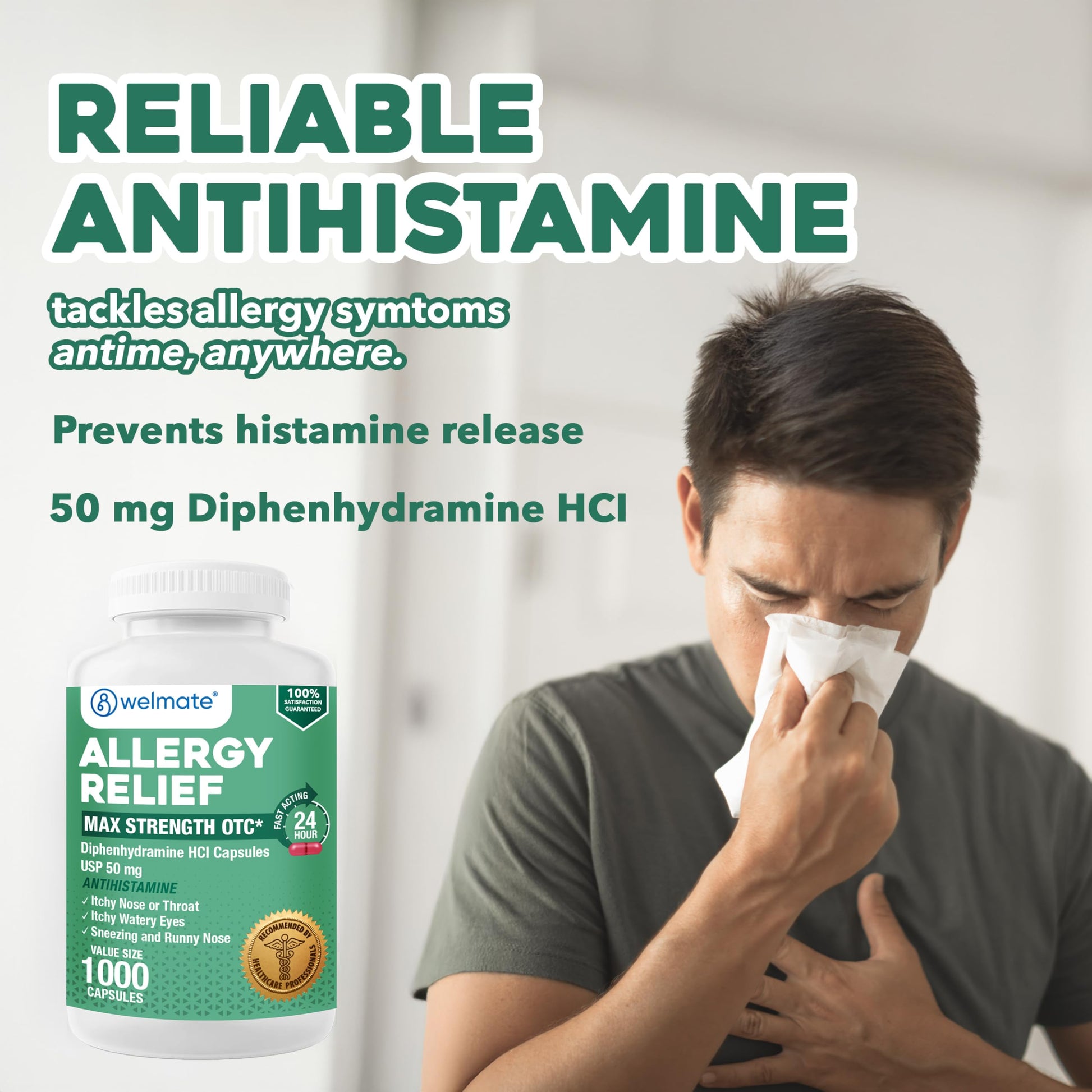 WELMATE Allergy Relief - Diphenhydramine 50 mg - 1000 Count Capsules - Antihistamine - Allergy & Cold Symptoms - Sneezing, Runny Nose, Itchy Eyes & Throat WELMATE buy supplements Au