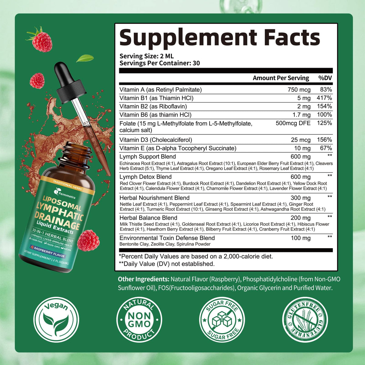 Liposomal Lymphatic Drainage Supplements with 30-in-1 Herbal Blend - Echinacea | Oregano | Milk Thistle - Sugar Free Lymph System Drops - Immune Support, Cleanse & Detox, Raspberry Flavor, 2 fl oz Femmetra buy supplements Au