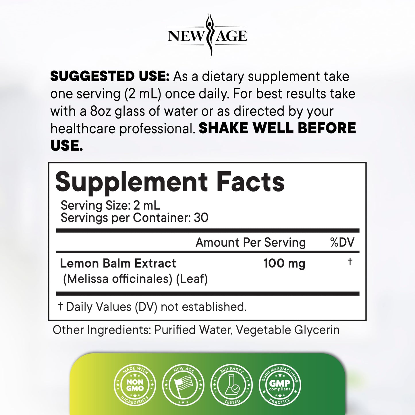 NEW AGE Lemon Balm Tincture - Mood Support Supplement - Lemon Balm Leaf Extract Drops - Vegan, Sugar & Alcohol-Free Calming Supplement - 4 fl oz