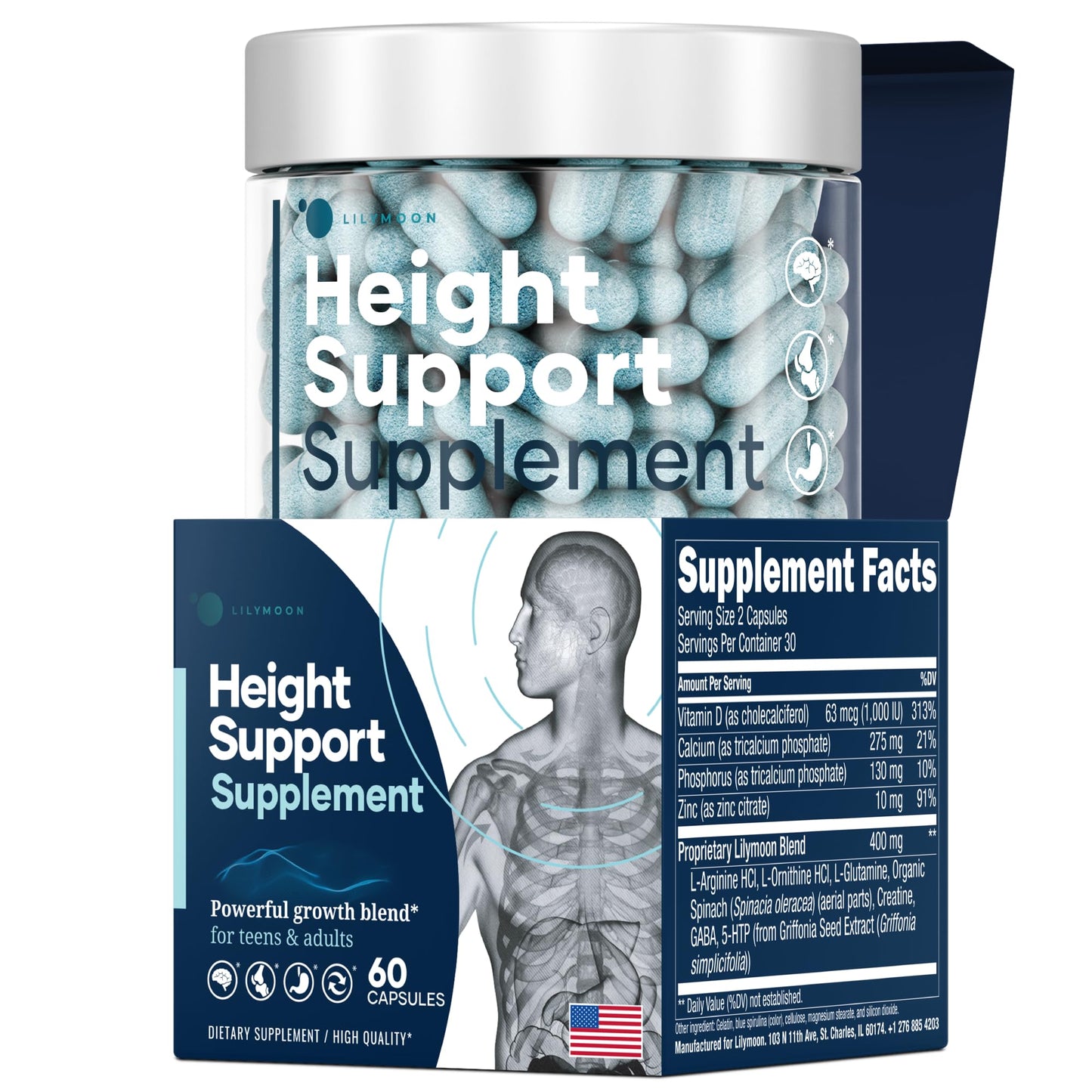 Height support supplement with container and packaging on a white background