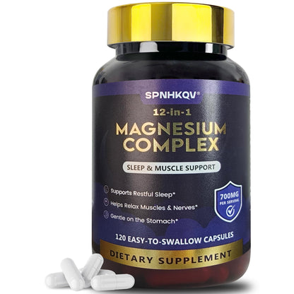 Supplement bottle labeled '12-in-1 Magnesium Complex' with white capsules on a white background