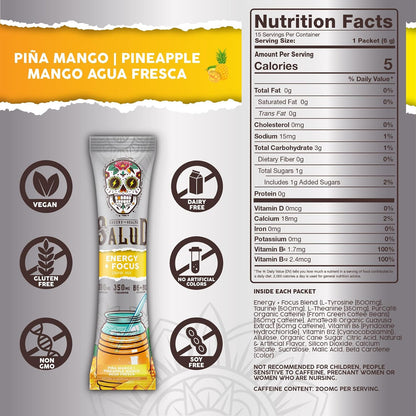Salud 2-Pack |2-in-1 Energy + Focus (Pineapple Mango) & Energy + Focus (Hibiscus) – 15 Servings Each, Agua Fresca Drink Mix, Non-GMO, Gluten Free, Vegan, Low Calorie, 1g of Sugar