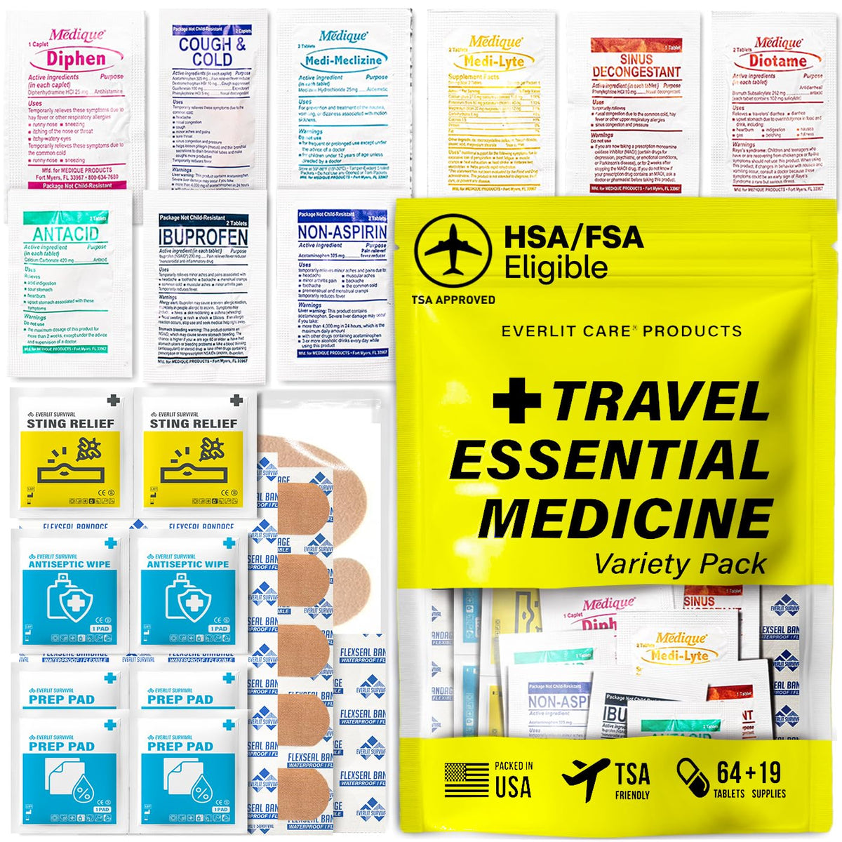 EVERLIT CARE Travel Essential Medicine First Aid Kit I Bonus Medical Supplies I TSA Compliant Mini Size Medkit for Traveling Camping Trips Individually Packed 64 Tablets (Refill Pack) EVERLIT CARE buy supplements Au