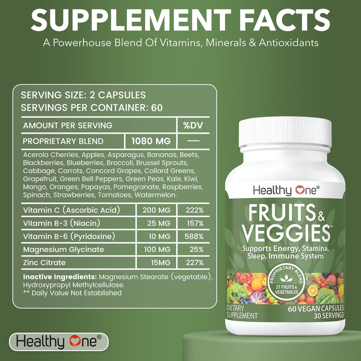 Fruits & Veggies Formula - 27 Premium Whole Foods - Organic Ingredients - Equals 3 Servings of Fruits & Vegetables - Improve Energy, Focus & Immune Function - Fiber - Antioxidants - 120ct (60 Serv) Healthy OneBuy Supplements Australia