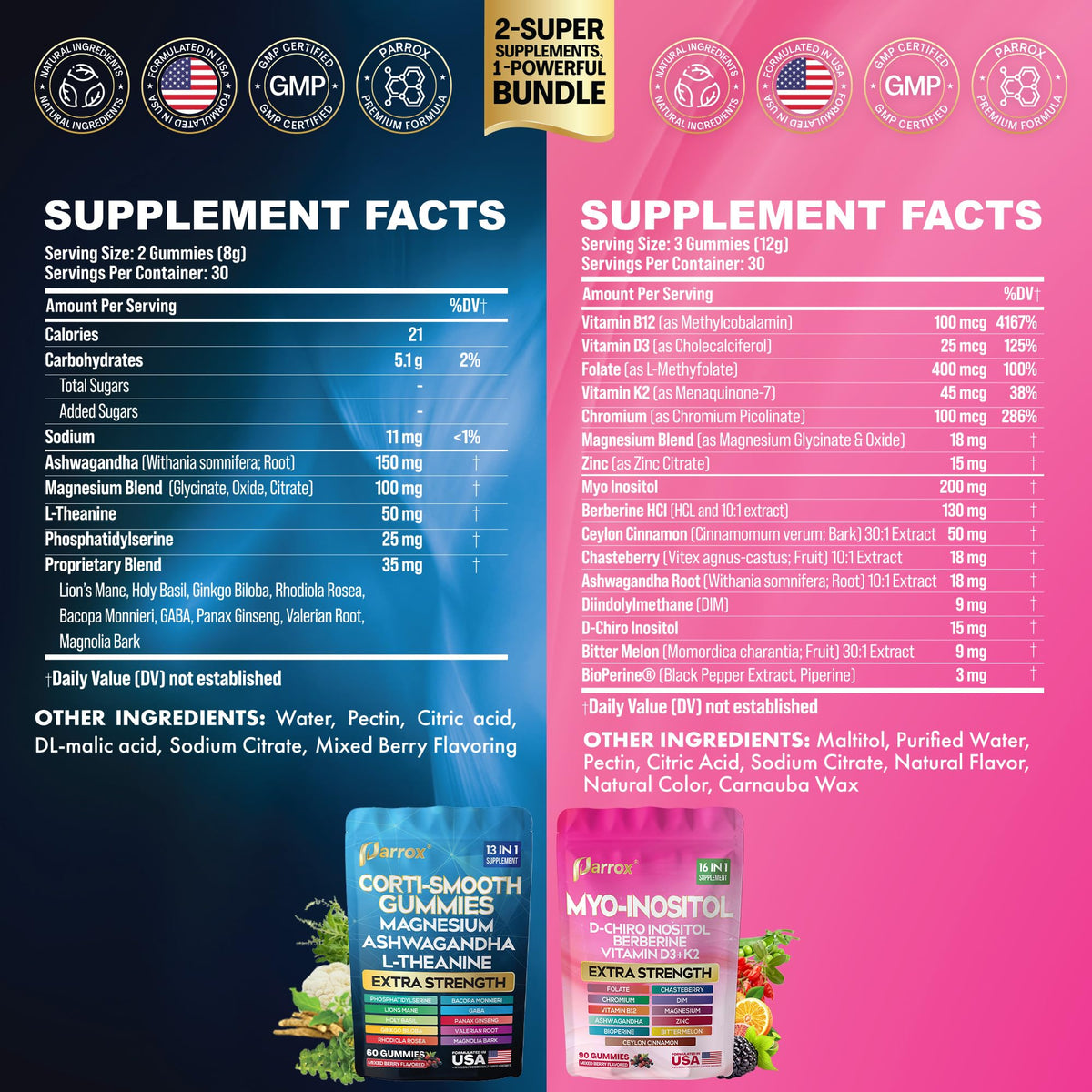 Soothe & Smooth Bundle Gummies - Cortisol & Myo-Inositol Supplement with D-Chiro Inositol, Berberine, Magenesium, Ashwagandha, L-Theanine, Vitamins D3+K2 & B12, Folate, Zinc Lion's Mane (150 Gummies) ParroxBuy Supplements Australia