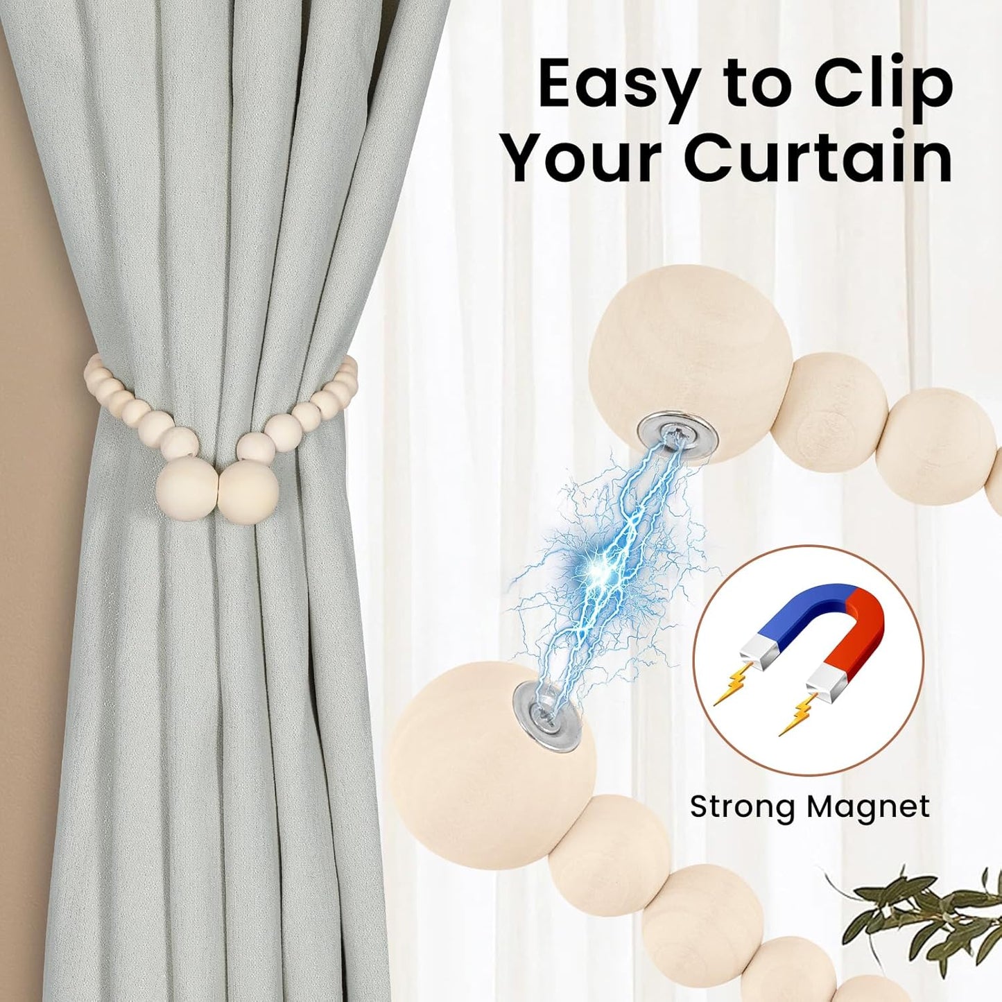 KLOGTSIND Magnetic Curtain Tiebacks, Curtain Tie Backs for Curtains 4 Pack, Wood Bead Curtain Tiebacks