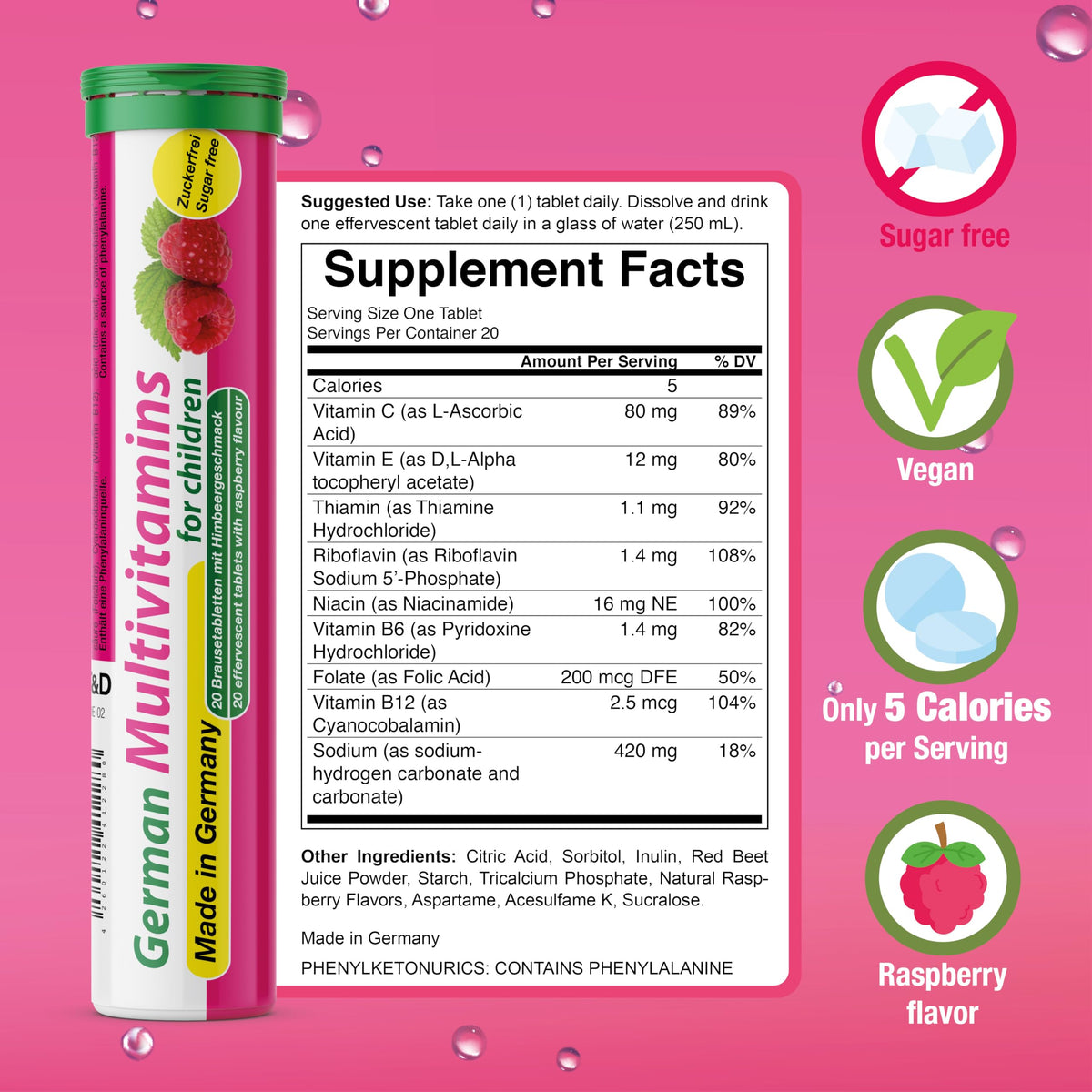 T&D German Multivitamin for Children 60 Drink Effervescent Tablets - Sweet Raspberry Flavour, Sugar Free, Vegan - Vitamin C, E, B1, B2, B6, B12, Folic Acid, Niacin Pharma – Made in Germany T&D buy supplements Au