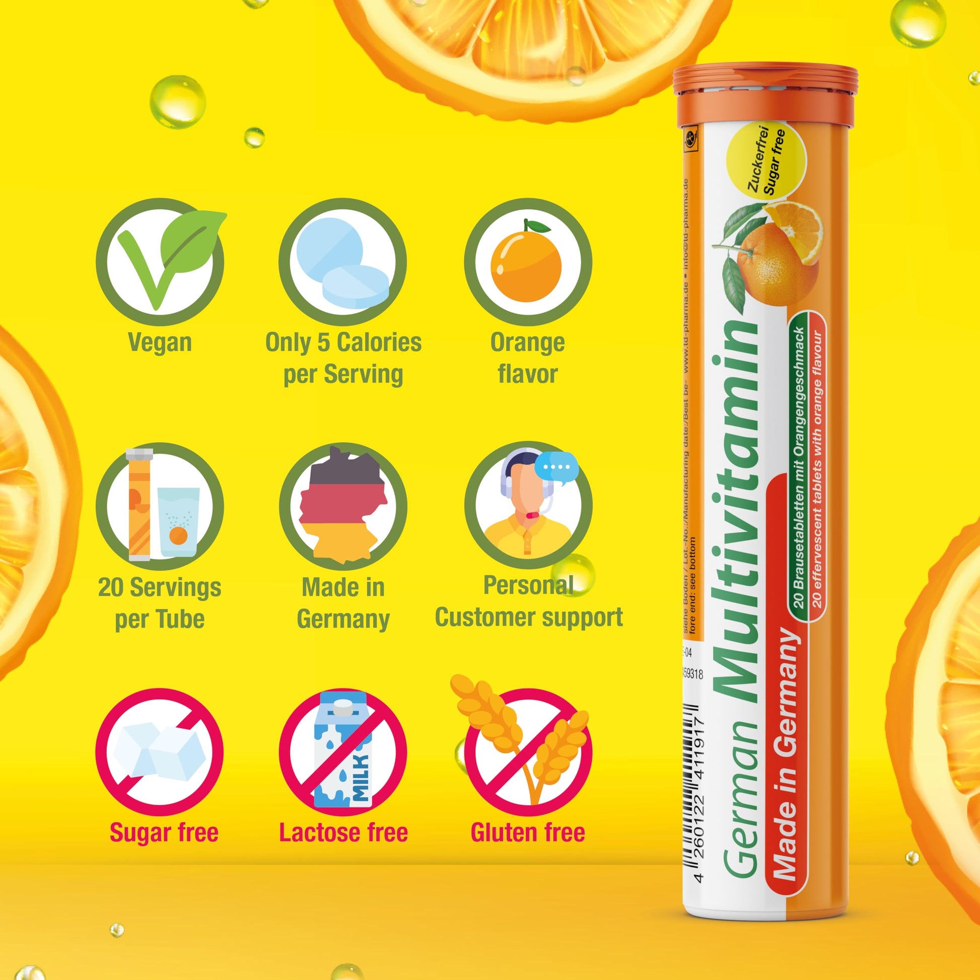 T&D German Multvitamin 10 Vitamins - 40 Vegan Drink Effervescent Tablets - Orange Flavor - Made in Germany T&D buy supplements Au