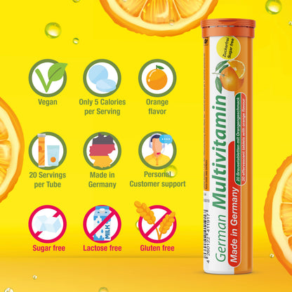 T&D German Multvitamin 10 Vitamins - 100 Vegan Drink Effervescent Tablets - Orange Flavor - Made in Germany T&D buy supplements Au