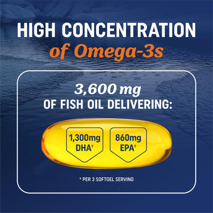 Triple Strength Omega 3 Fish Oil 3600 mg | EPA & DHA | Over 2100mg Omega-3 Fatty Acids | 1300mg EPA + 860mg DHA | Best Essential Fatty Acids | Premium Wild Caught & Burpless Fish Oil | 120 Ct MAV NUTRITION buy supplements Au