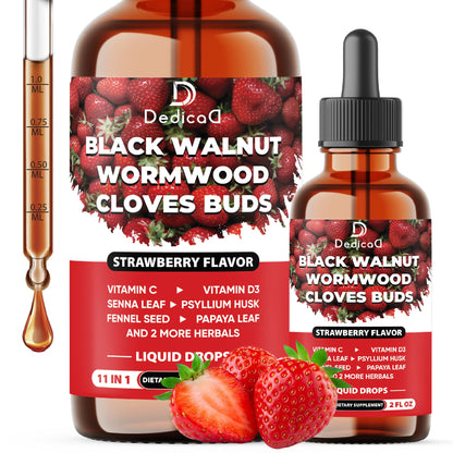 Two bottles of Dedico Black Walnut Wormwood Cloves Buds with strawberry flavor on a white background.