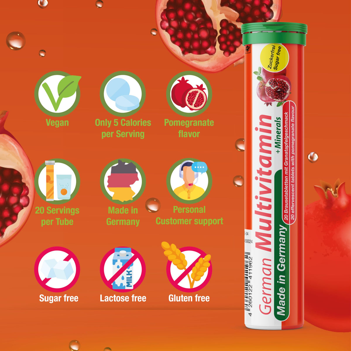T&D German Multivitamin + Mineralien Drink Effervescent Tablets 60 Servings Pomegranate Flavour – 10 Vitamins + 2 Minerals – Made in Germany T&D buy supplements Au