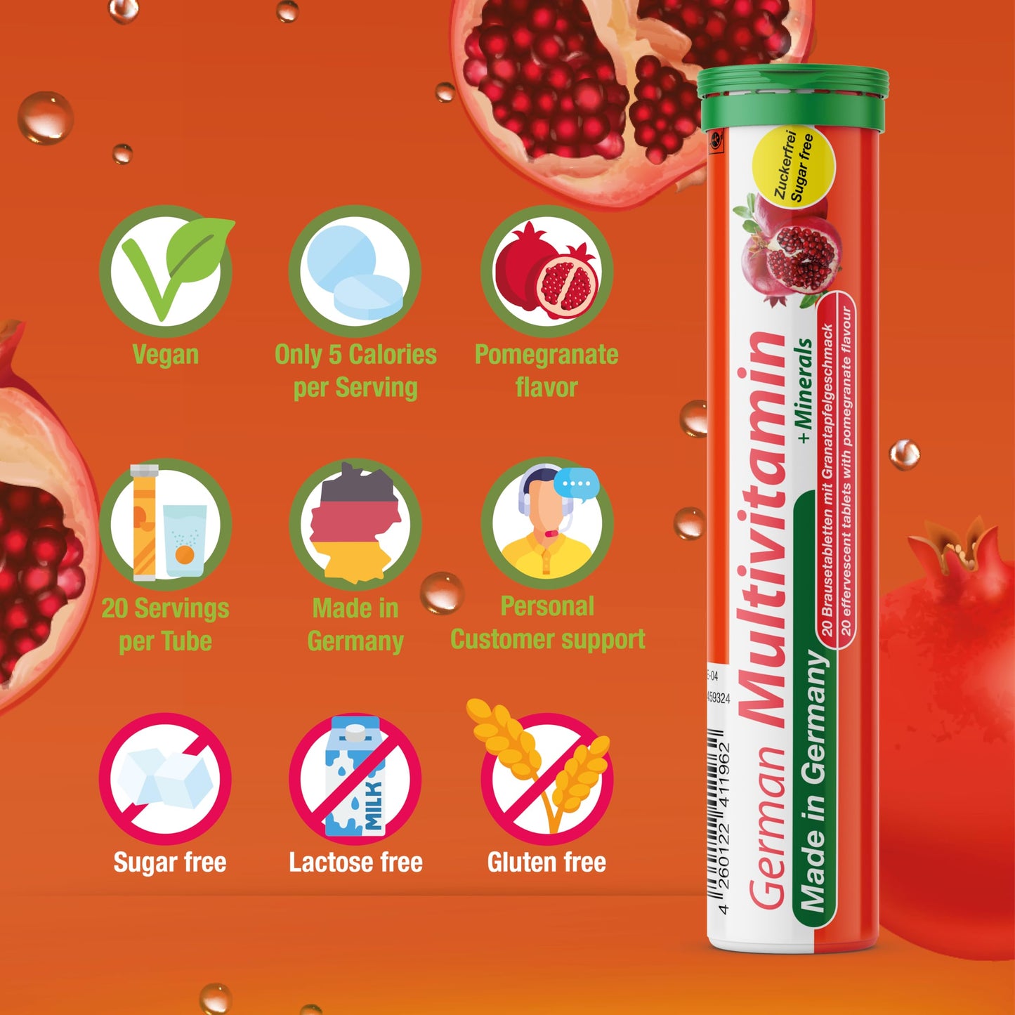T&D German Multvitamin + Minerals 10 Vitamins 2 Minerals - 240 Vegan Drink Effervescent Tablets - Pomegranate Flavor - Made in Germany T&D buy supplements Au