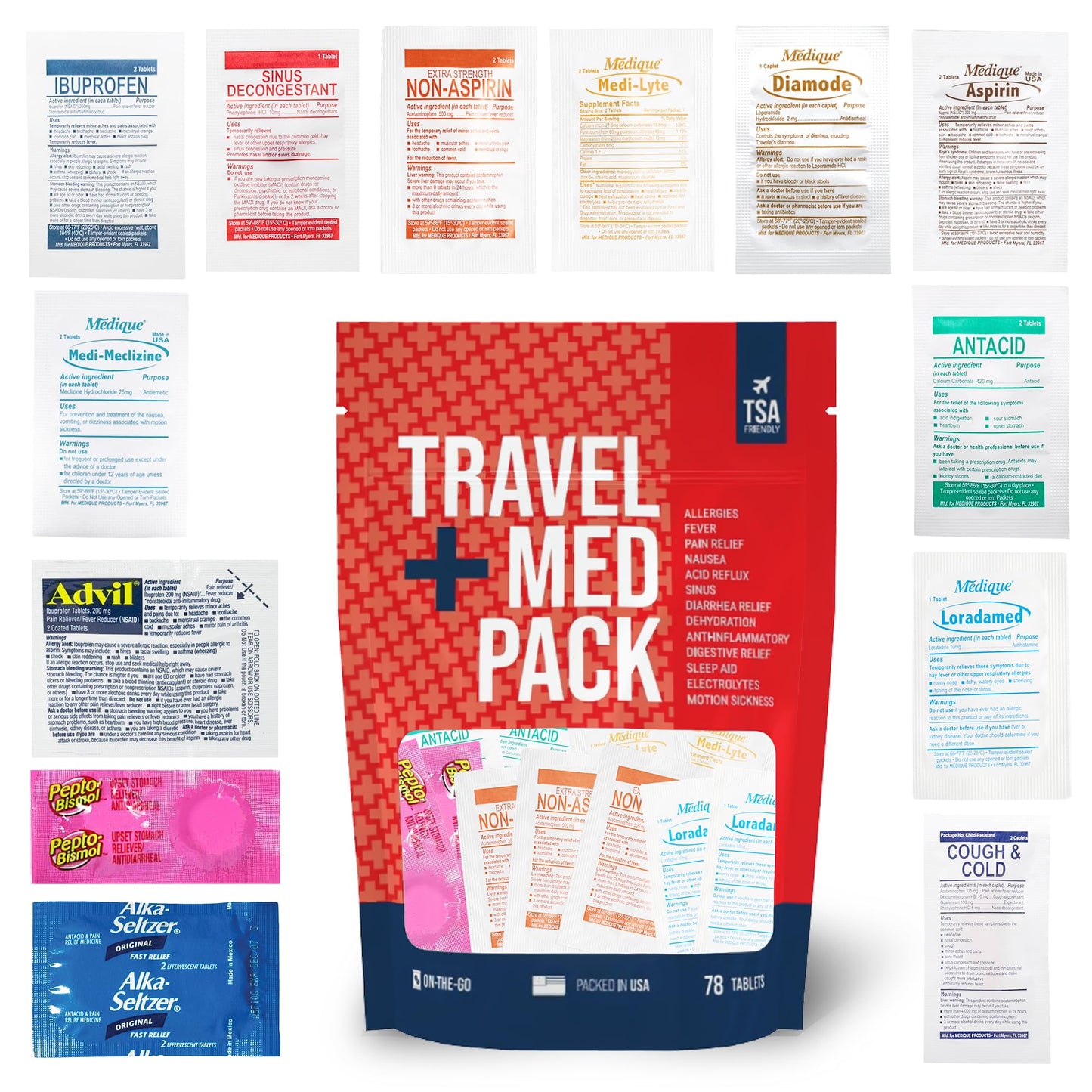 Travel Medicine Kit - 78-Piece TSA-Friendly Med Pack for Flights, Cruises & International Travel | Individually Wrapped Medication Essentials for Any Occasion Real Vitamins buy supplements Au