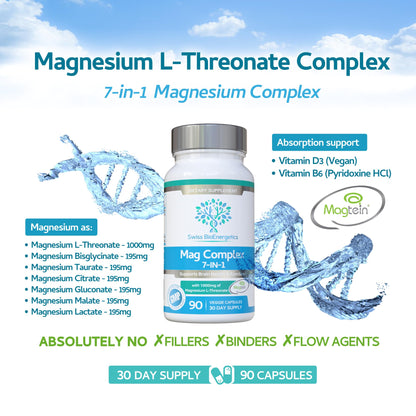 Magnesium L-Threonate Complex 7-in-1 with 1000mg of Magtein Plus Magnesium as Bisglycinate, Taurate, Citrate, Gluconate, Malate & Lactate - Supports Sleep - Vegan, US Made and No Artificial Nasties swiss bioenergetics buy supplements Au
