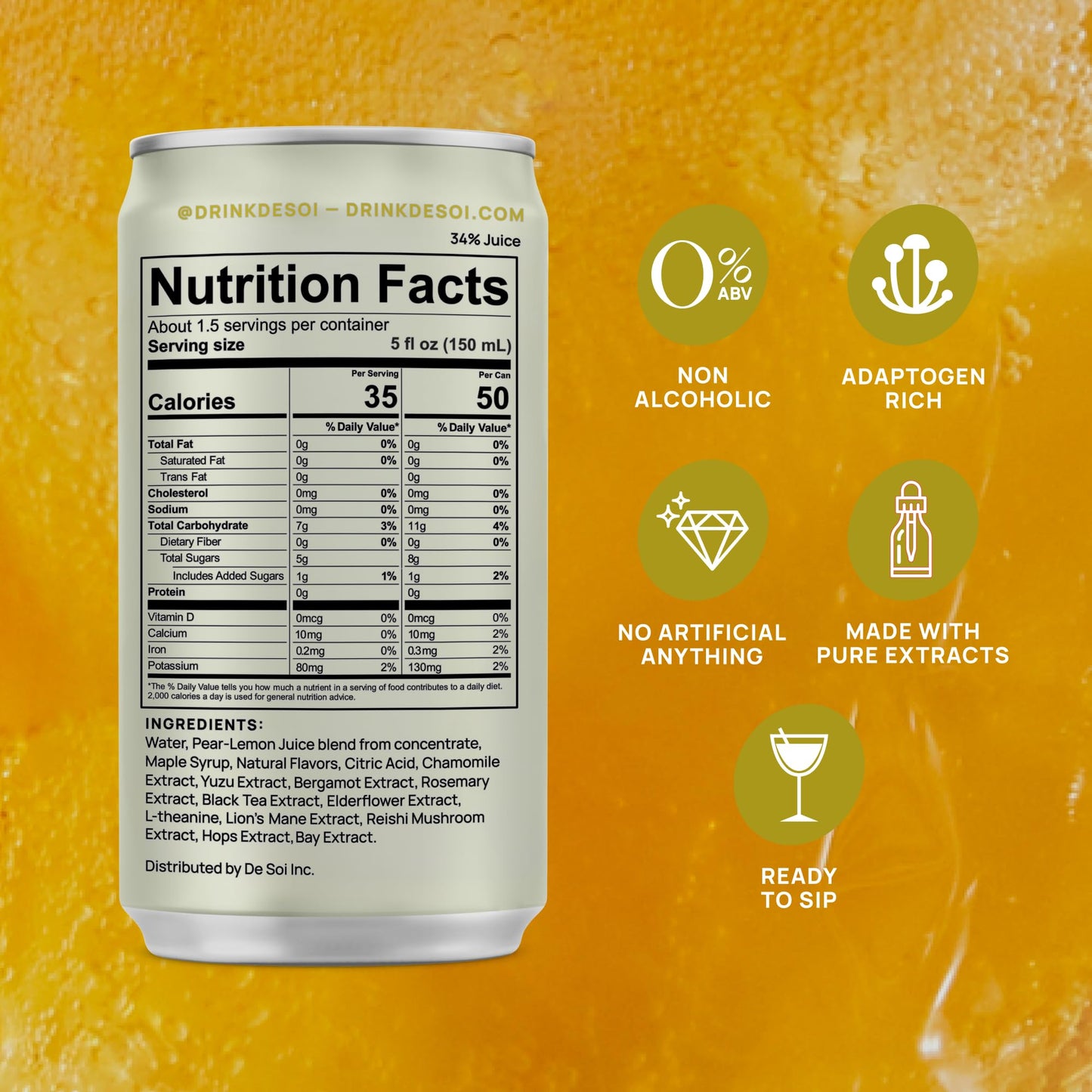 De Soi Golden Hour Mocktails NA Drinks 8 fl oz (12-pack) - Adaptogen Drink, Sparkling Drink with Calming Botanicals, Mocktail Drinks, Gluten Free, No Artificial Flavors De Soi buy supplements Au
