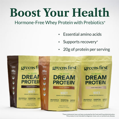 Greens First Dream Protein Powder Whey - 20g Protein Per Serving - Hormone-Free with Prebiotics - Non-GMO - No Artificial Sweeteners/MSG/Aspartame (Creamy French Vanilla, 26.5 oz) Greens First buy supplements Au