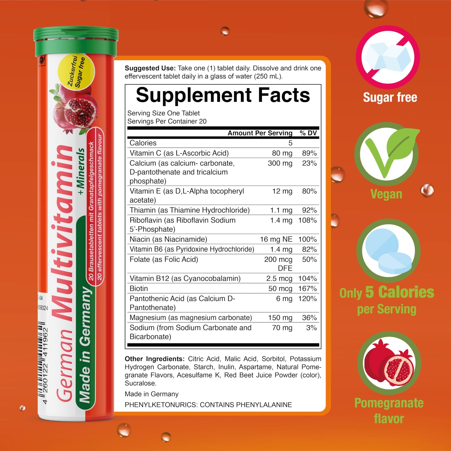 T&D German Multivitamin + Mineralien Drink Effervescent Tablets 60 Servings Pomegranate Flavour – 10 Vitamins + 2 Minerals – Made in Germany T&D buy supplements Au