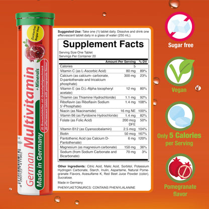 T&D German Multivitamin + Mineralien Drink Effervescent Tablets 60 Servings Pomegranate Flavour – 10 Vitamins + 2 Minerals – Made in Germany T&D buy supplements Au