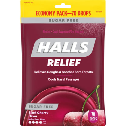 HALLS Relief Sugar Free Black Cherry Flavor Cough Drops, Economy Pack, 1 Bag (70 Total Drops)