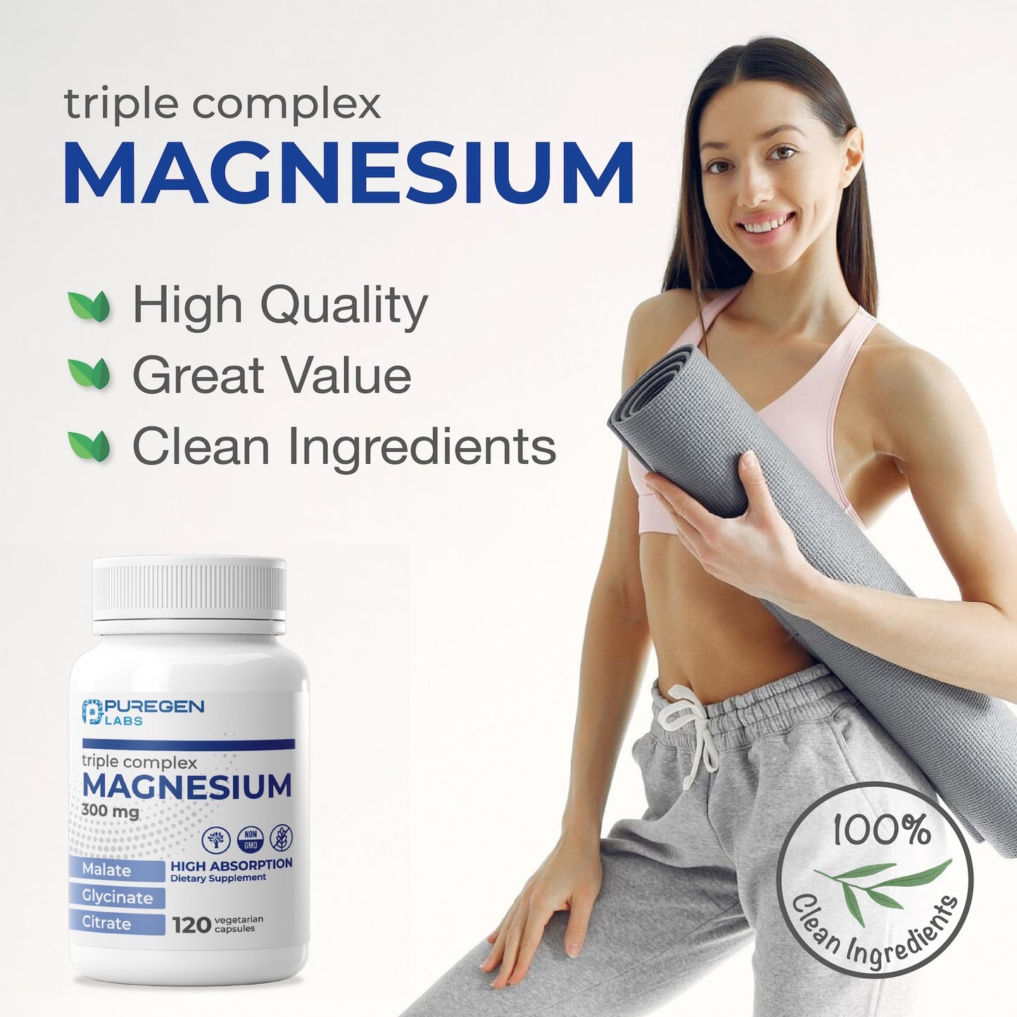 Puregen Labs Triple Magnesium Complex 300mg of Magnesium Glycinate, Malate, & Citrate