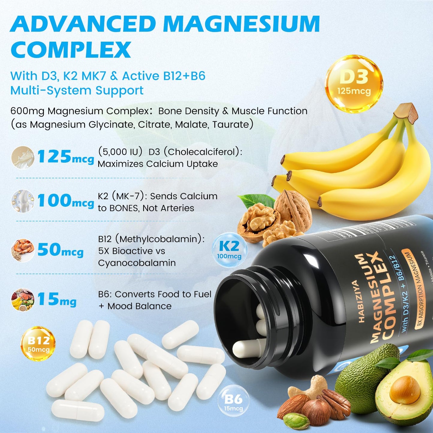Magnesium Complex Supplement 600mg with with D3 K2 MK7 & B Vitamins High Absorption Capsules with Glycinate, Citrate & Malate,Taurate Relaxation,Muscle,Heart Support, Vegan 120 Capsules HABIZIYA buy supplements Au