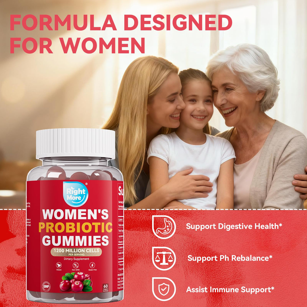 Right More Probiotic for Women Gummies,Feminine Balance Gummies, -1200 Billion Compound, Digestive & Immune Support, Supports Vaginal Health Prebiotics, Natural Cranberry Flavor, Vegan, 60 Gummies Right More buy supplements Au