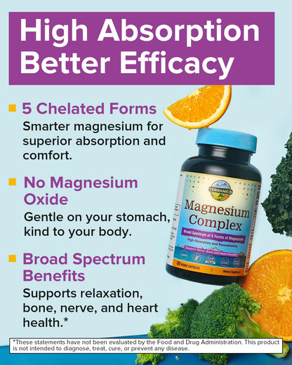 Terranics 5-in-1 Magnesium Complex Supplement 500mg - 5 Forms High Absorption Magnesium Glycinate Citrate Malate Aspartate Gluconate for Sleep Heart Health - Non-GMO 120 Vegan Capsules Terranics buy supplements Au